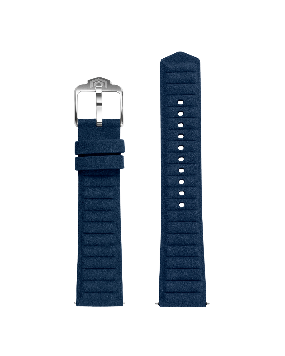 Both halves of the navy embossed strap laid flat, with the polished VOXEL pin buckle and adjustment holes visible
