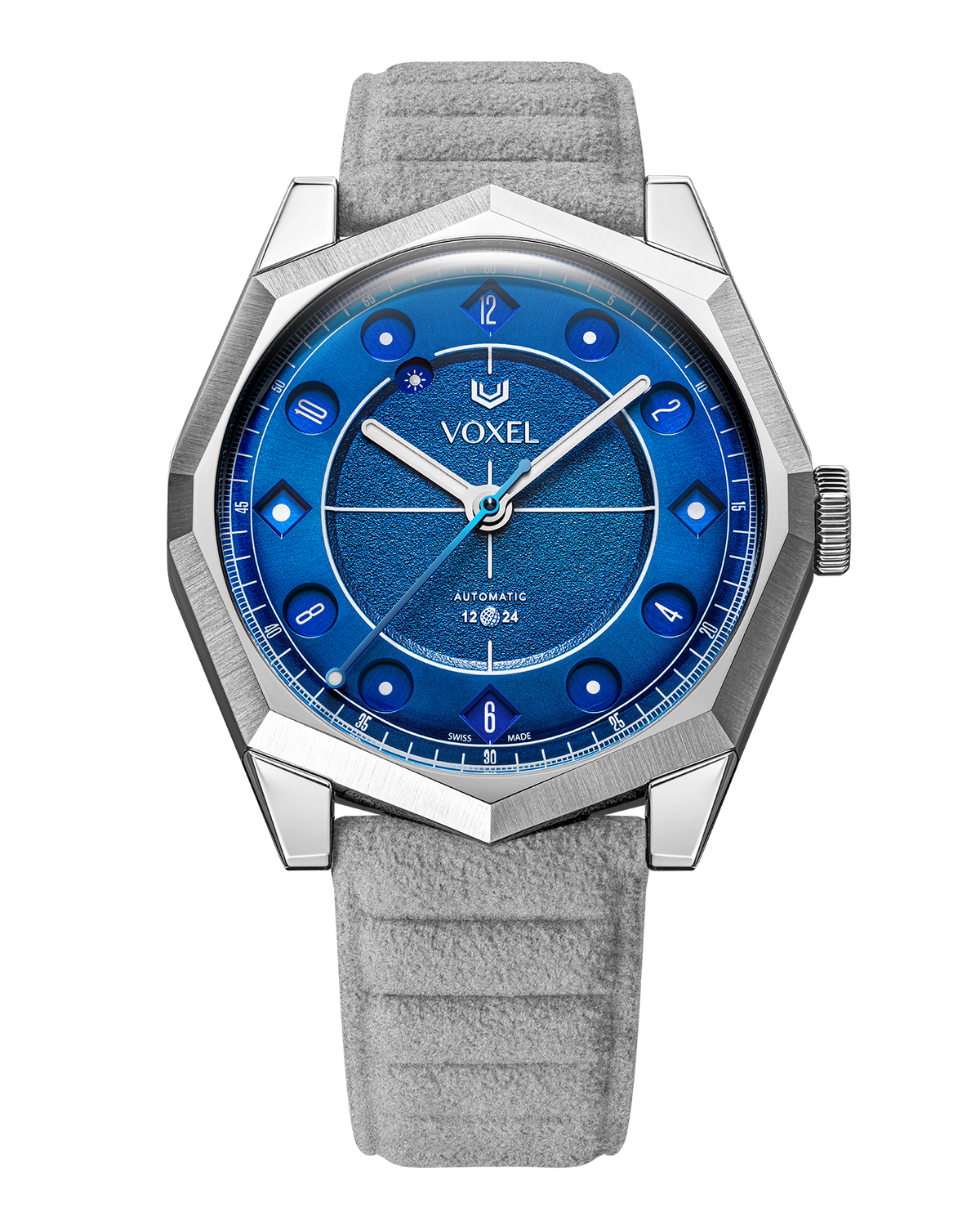 VOXEL Meridion Electric Blue Dial with light grey Alcantara strap, front view in 12-hour mode