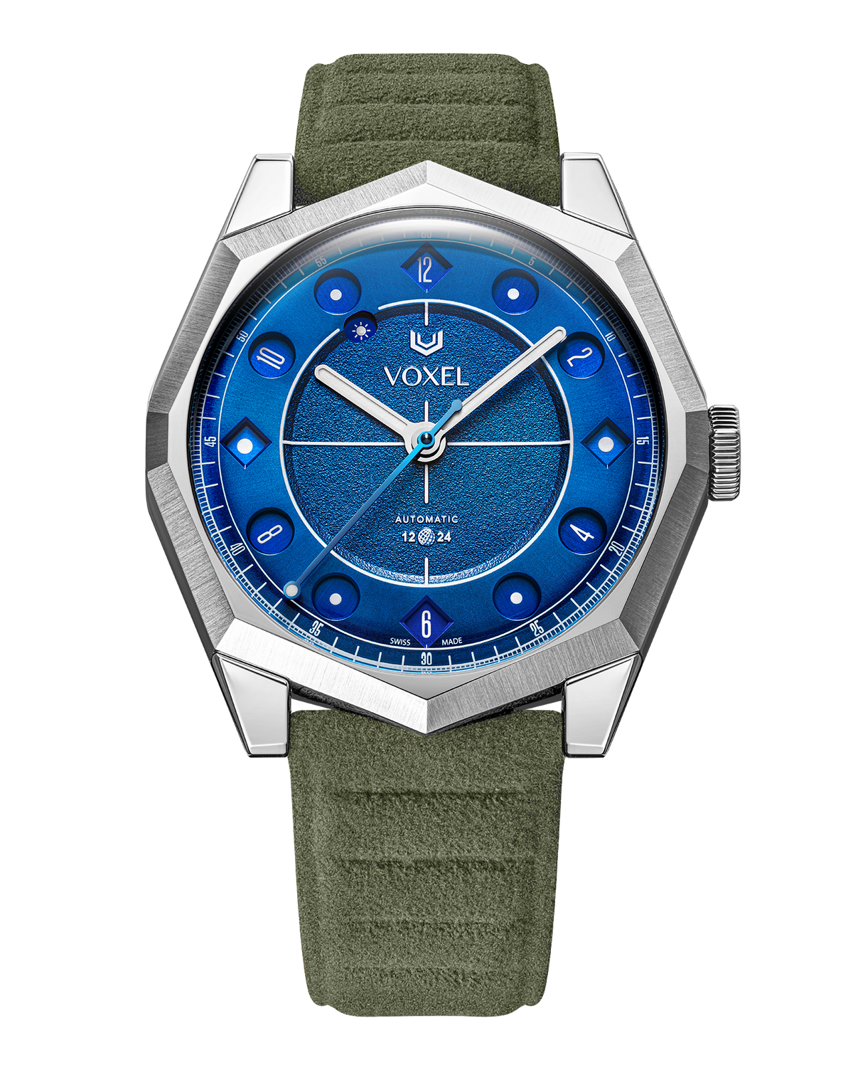 VOXEL Meridion Electric Blue Dial with khaki green Alcantara strap, front view in 12-hour mode