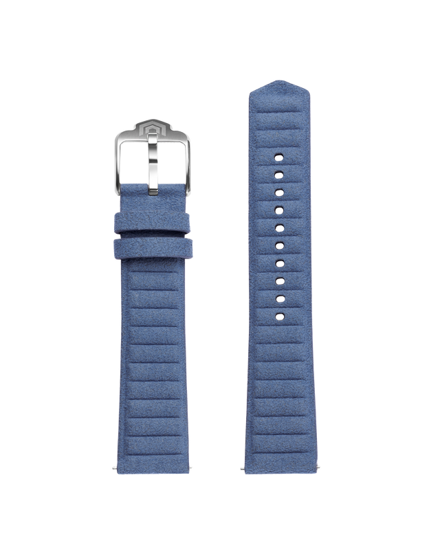 Both halves of the light blue embossed strap laid flat, with the satin-brushed VOXEL pin buckle