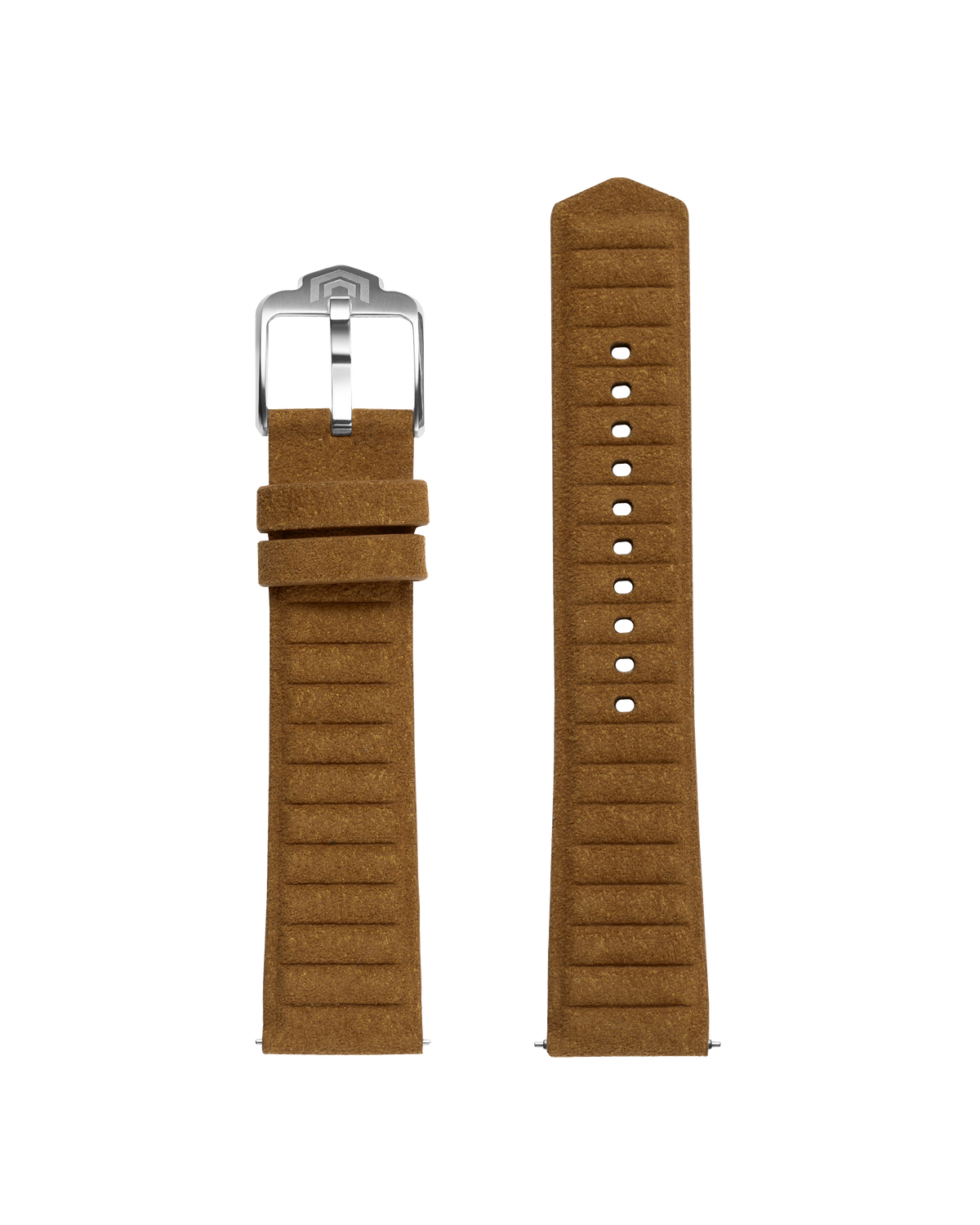 Both halves of the tan embossed strap laid flat, with the steel VOXEL pin buckle and adjustment holes