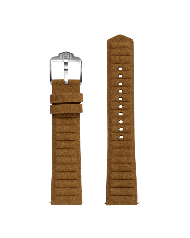 Both halves of the tan embossed strap laid flat, with the steel VOXEL pin buckle and adjustment holes