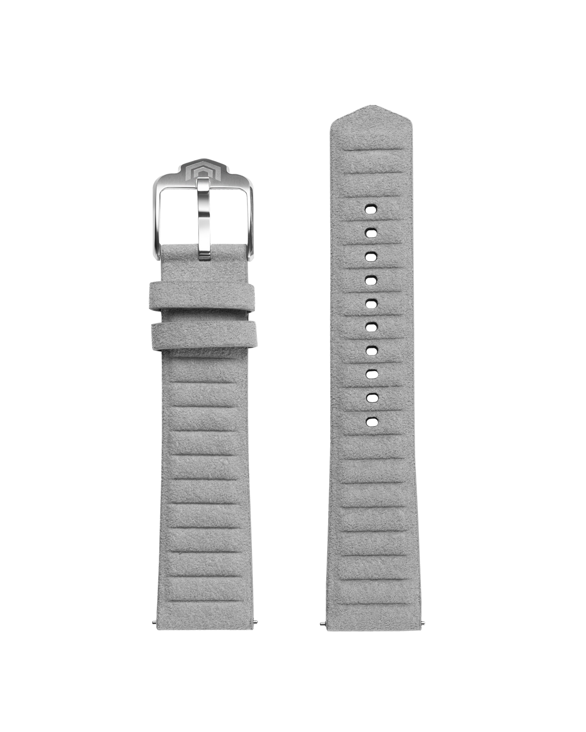 Both halves of the light grey ribbed strap laid flat, showing the pin buckle and tone-on-tone finish