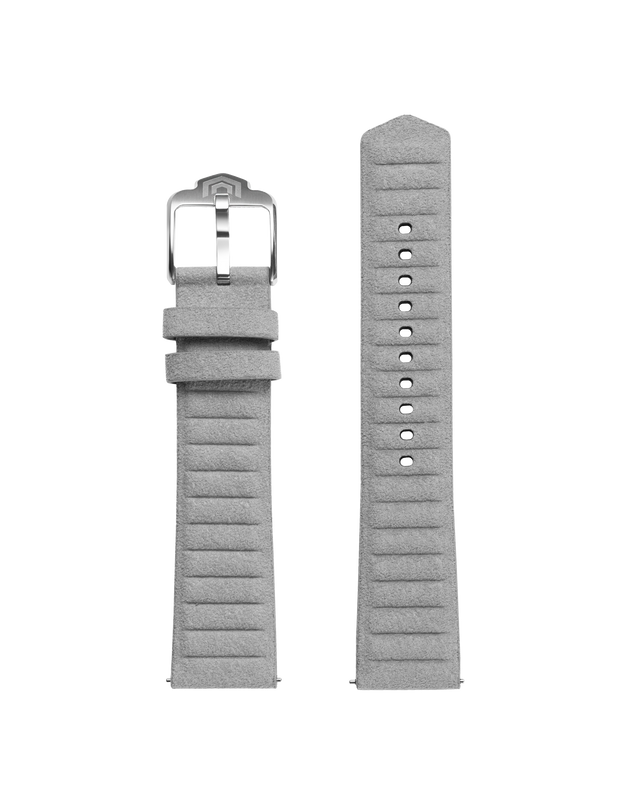 Both halves of the light grey ribbed strap laid flat, showing the pin buckle and tone-on-tone finish