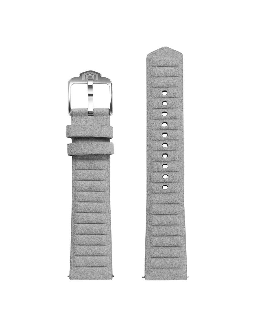 Both halves of the light grey ribbed strap laid flat, showing the pin buckle and tone-on-tone finish