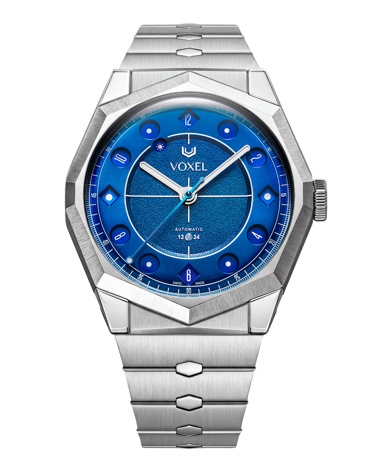 VOXEL Meridion Electric Blue Dial with integrated 904L steel bracelet, front view