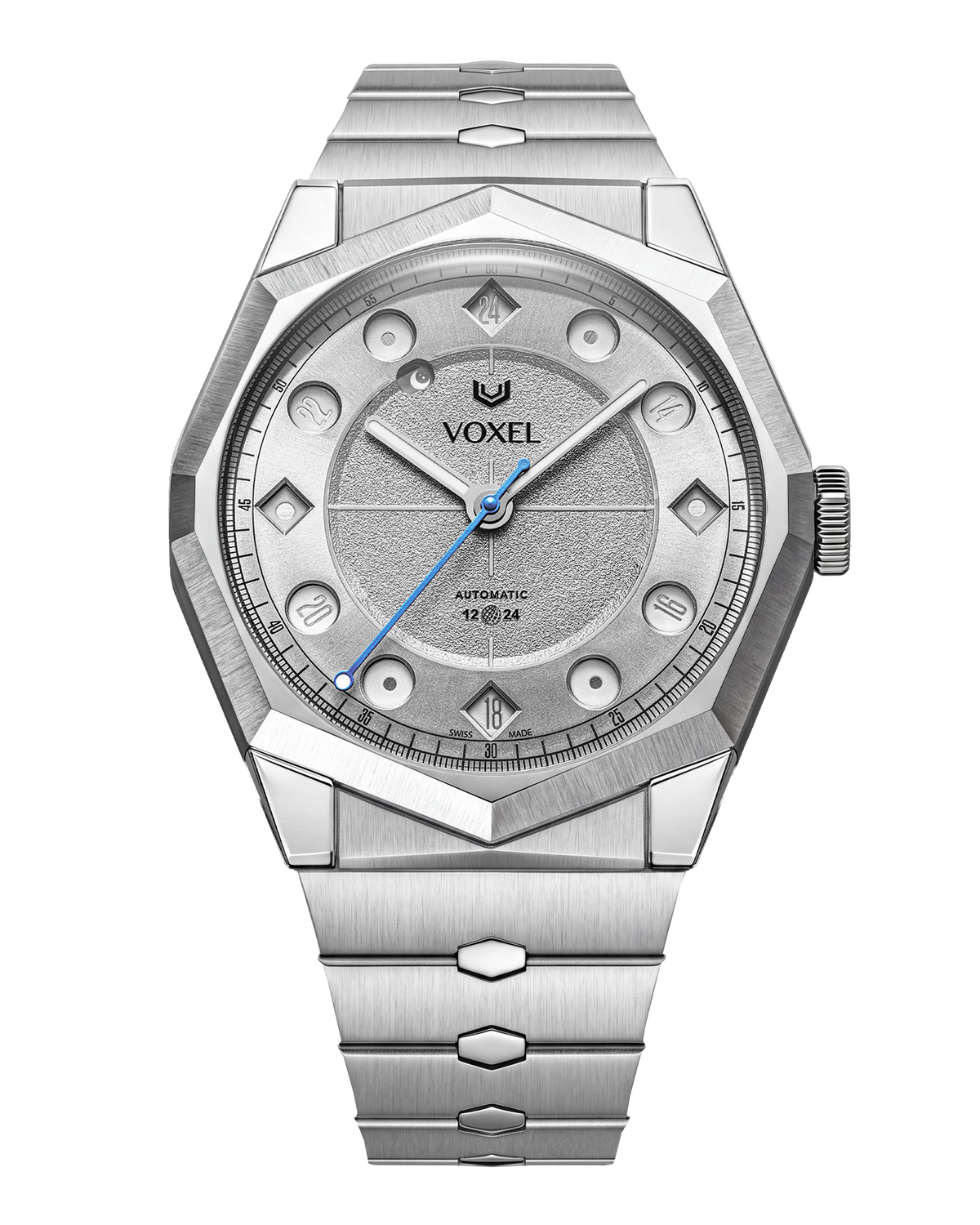 Front view of the satin-brushed bracelet links and polished interlink inserts beneath the MERIDION's silver dial