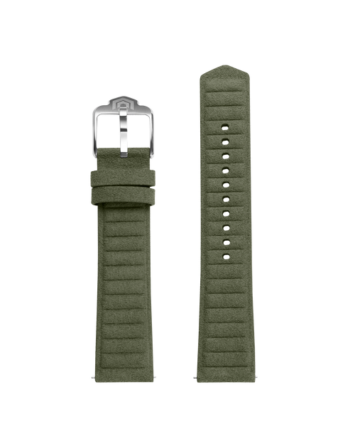 Both halves of the khaki green embossed strap laid flat, with the steel VOXEL pin buckle