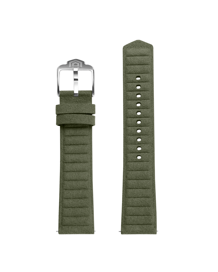 Both halves of the khaki green embossed strap laid flat, with the steel VOXEL pin buckle