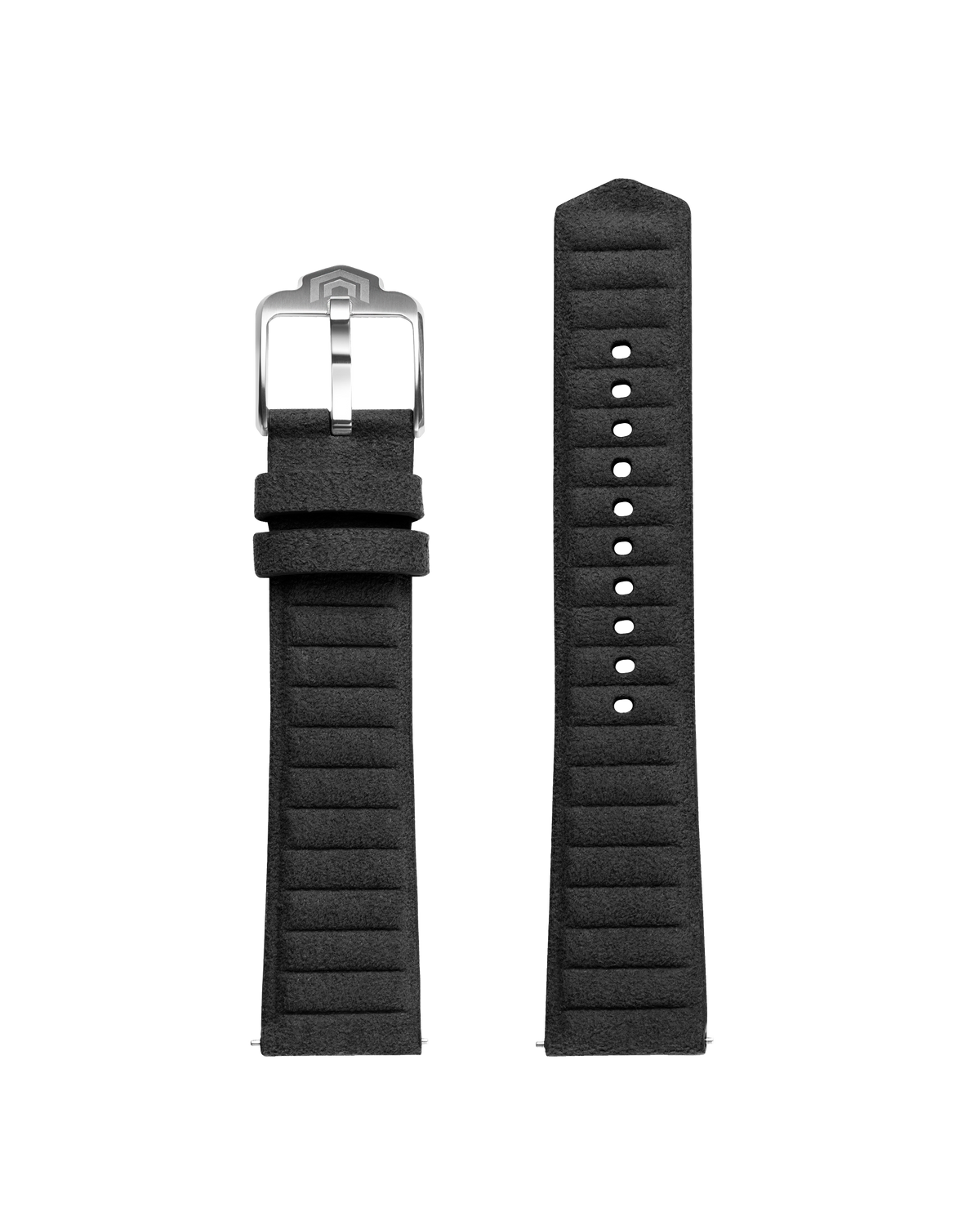 Both halves of the black embossed strap laid flat, with the polished steel VOXEL pin buckle