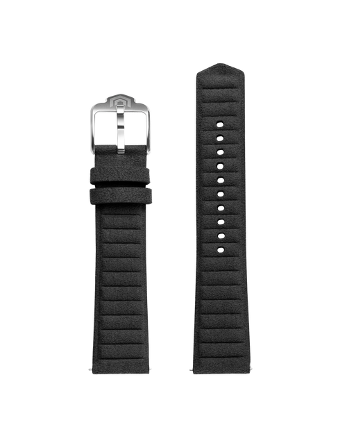 Both halves of the black embossed strap laid flat, with the polished steel VOXEL pin buckle