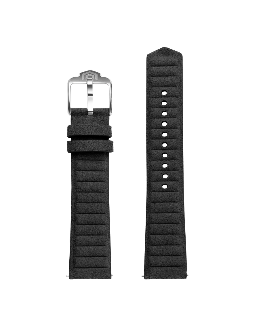 Both halves of the black embossed strap laid flat, with the polished steel VOXEL pin buckle