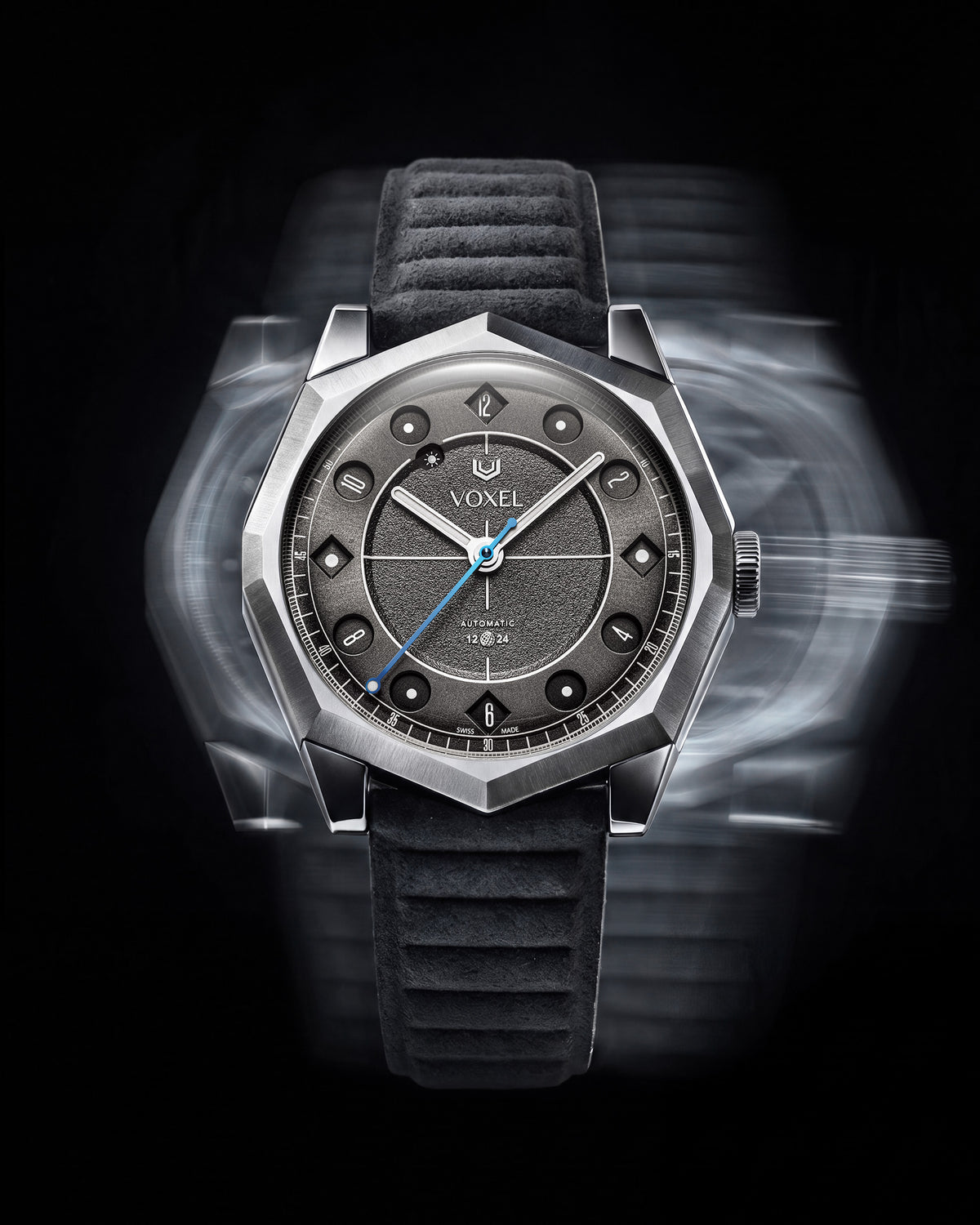 VOXEL Meridion Charcoal Black Dial with black Alcantara strap, front view with motion effect on a black background