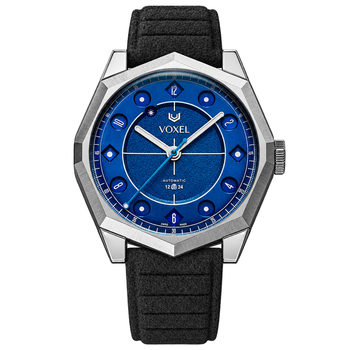 VOXEL Meridion Electric Blue Dial with black Alcantara strap, front view in 12-hour mode