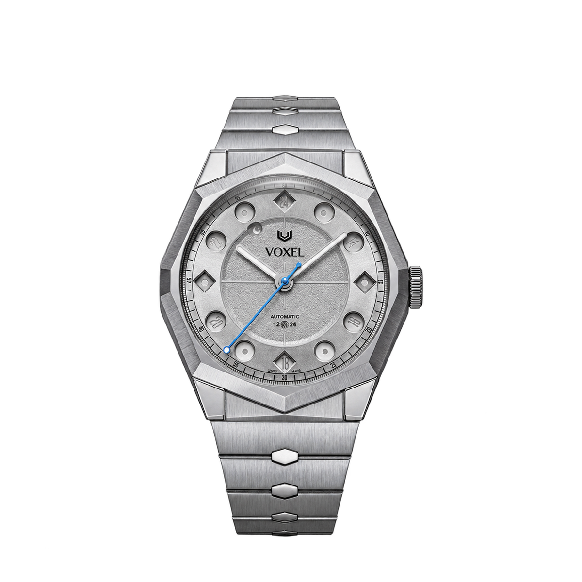 Full view of MERIDION on its integrated steel bracelet, with links flowing straight from the case