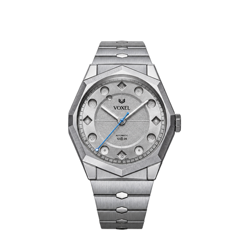 Full view of MERIDION on its integrated steel bracelet, with links flowing straight from the case
