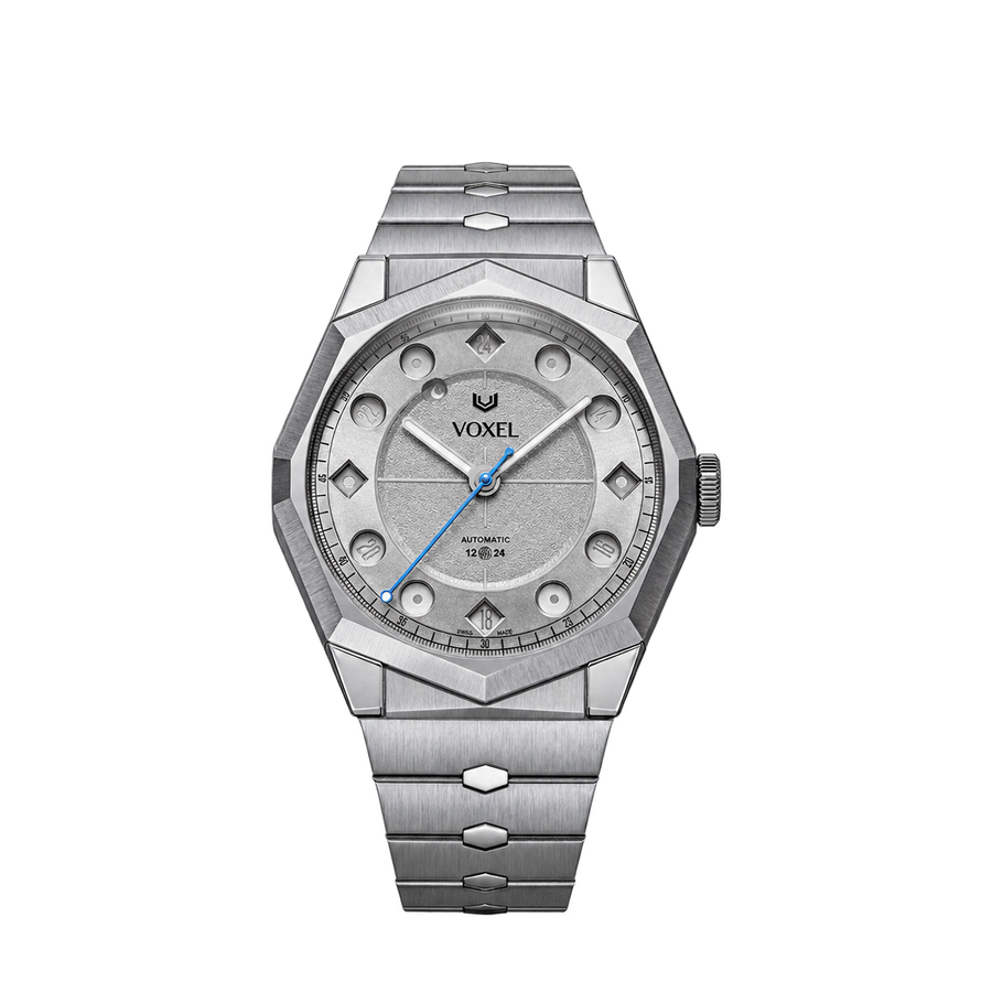 Full view of MERIDION on its integrated steel bracelet, with links flowing straight from the case
