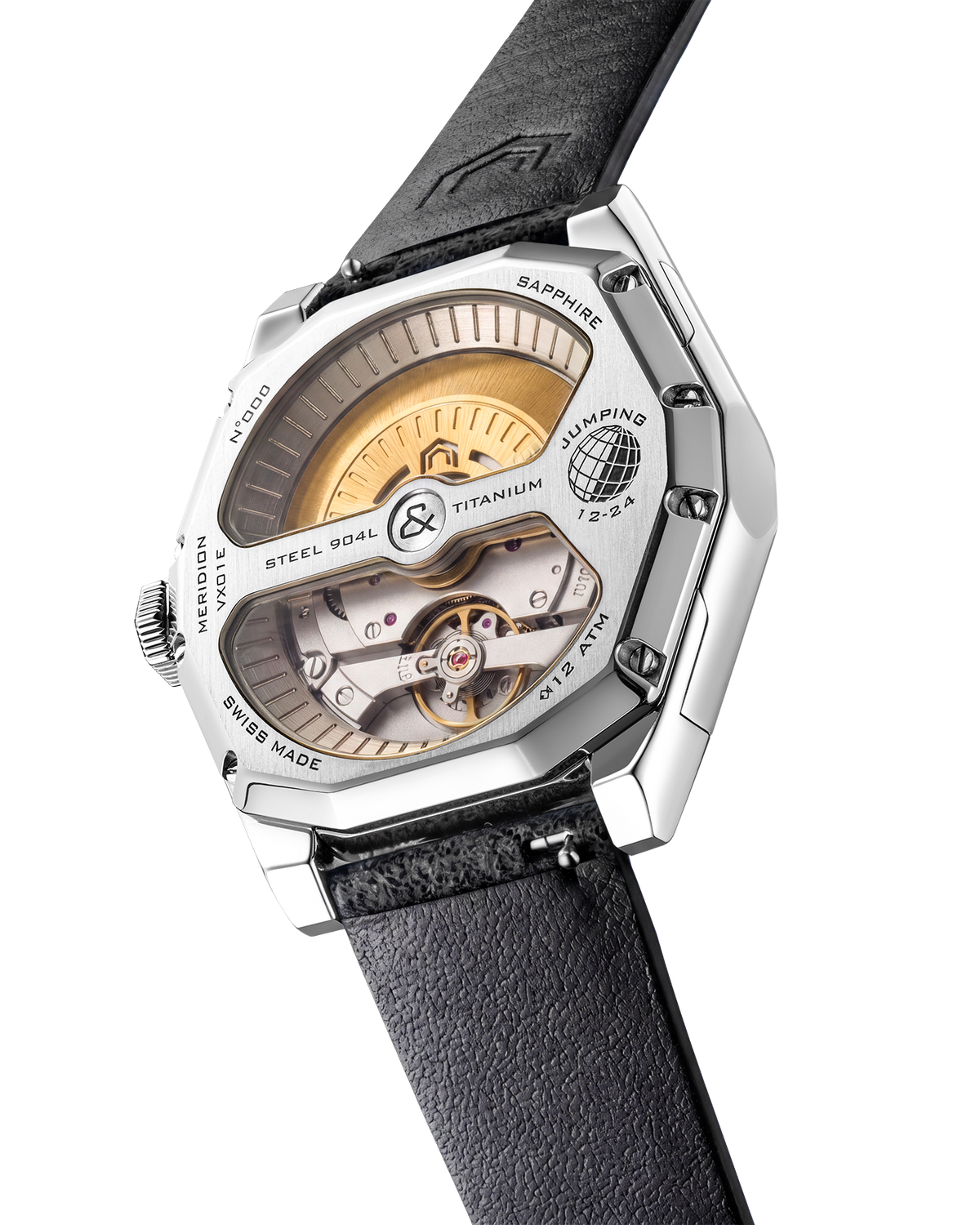 Grade 5 titanium caseback of the VOXEL Meridion showing the Swiss automatic movement through sapphire, black Alcantara strap