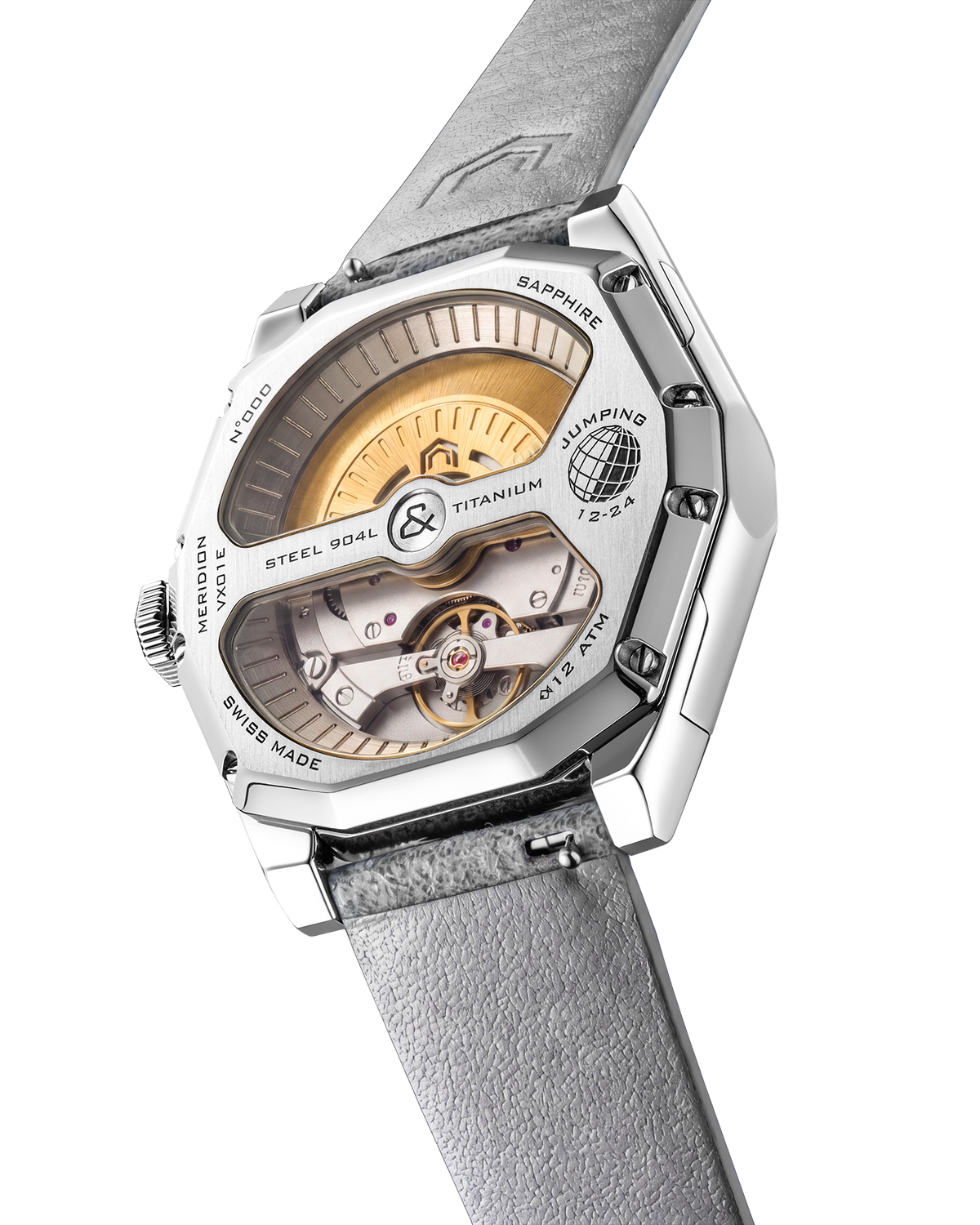 VOXEL Meridion exhibition caseback showing the Swiss automatic movement and rotor