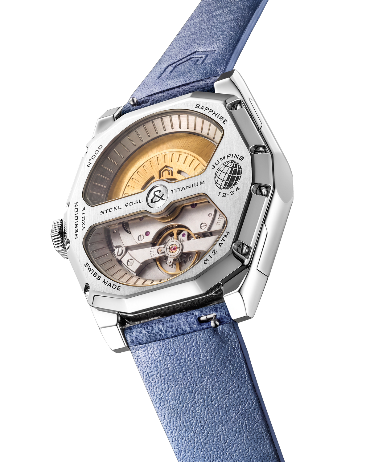 Grade 5 titanium caseback of the VOXEL Meridion showing the Swiss automatic movement through sapphire, light blue Alcantara strap
