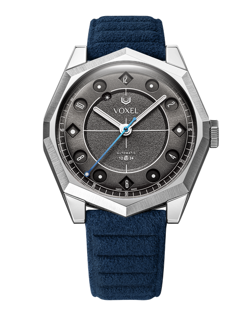 VOXEL Meridion Charcoal Black Dial with dark blue Alcantara strap, front view in 12-hour mode