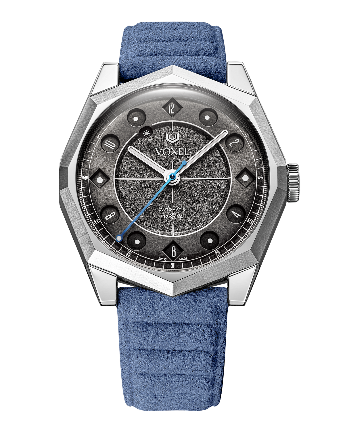 VOXEL Meridion Charcoal Black Dial with light blue Alcantara strap, front view in 12-hour mode