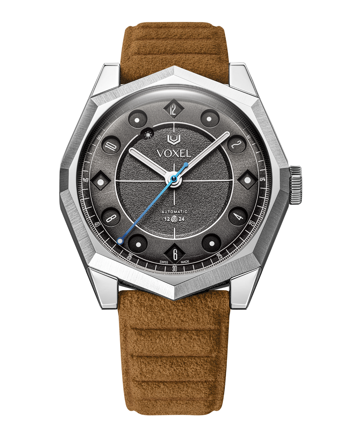 VOXEL Meridion Charcoal Black Dial with light brown Alcantara strap, front view in 12-hour mode