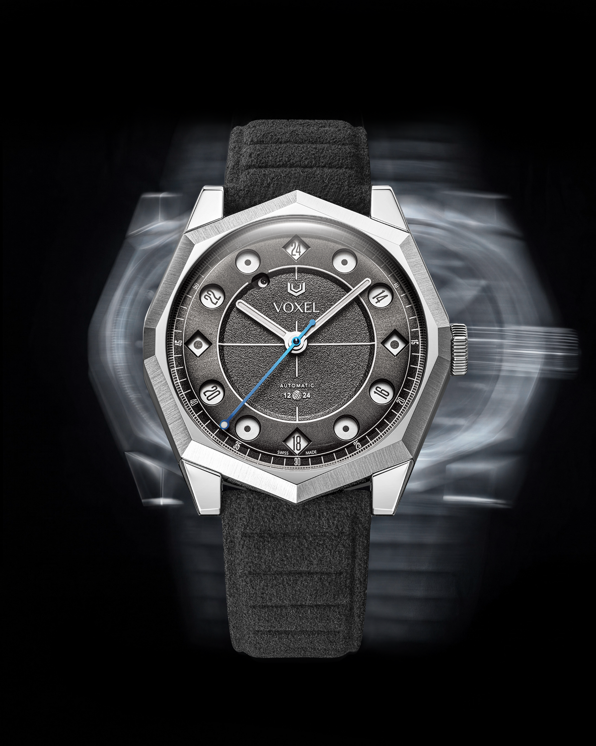 VOXEL Meridion Charcoal Black Dial with black Alcantara strap, front view with motion effect on a black background