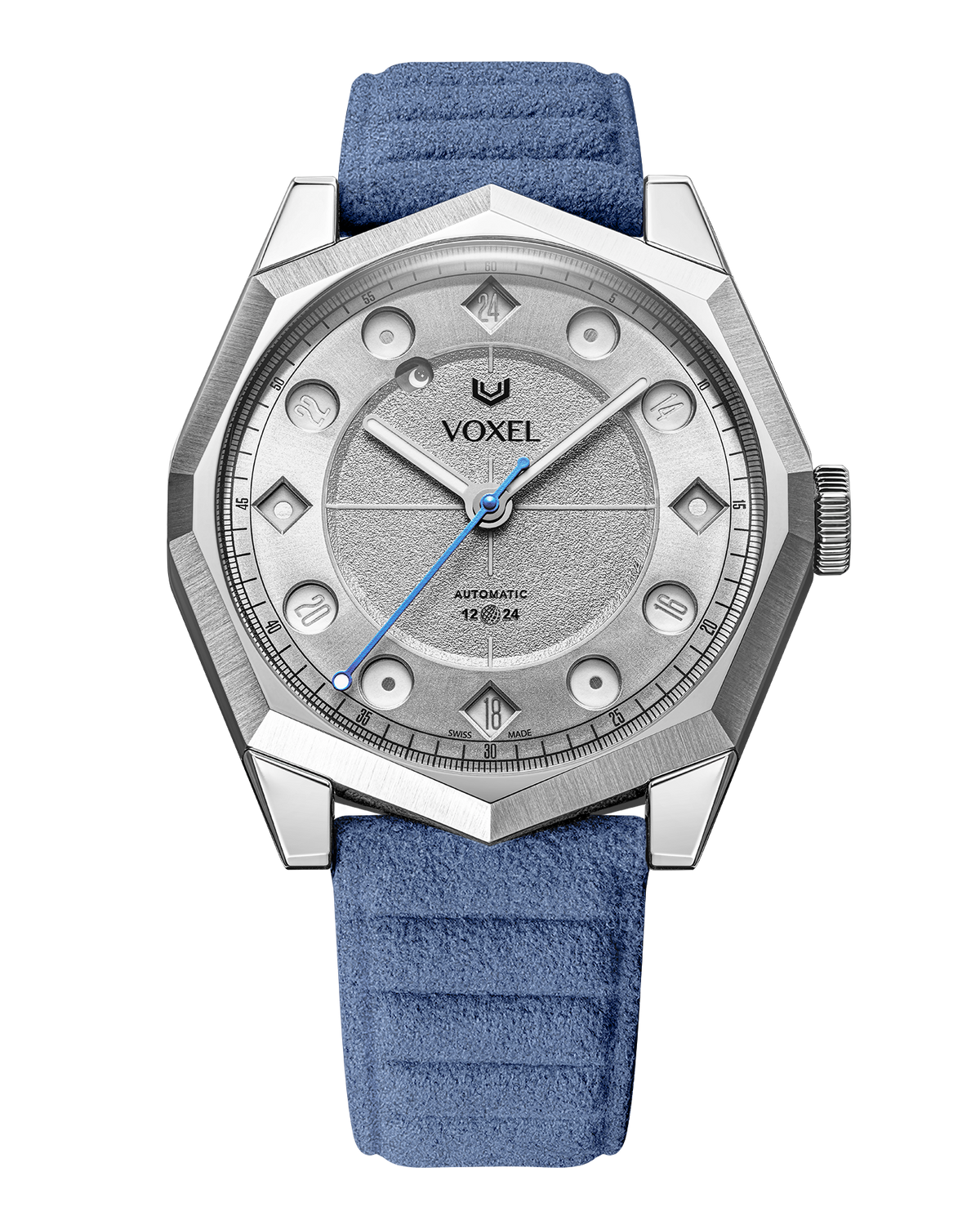 MERIDION with silver dial in 24-hour mode, fitted with a light blue embossed Alcantara strap