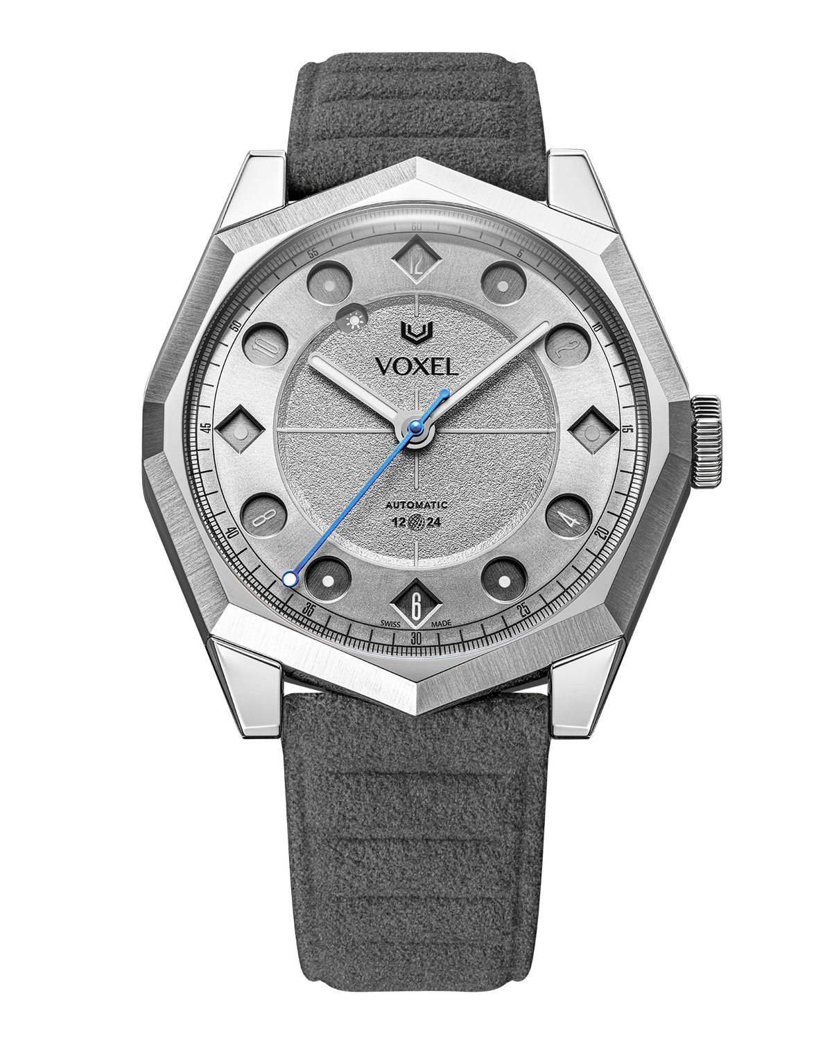 VOXEL Meridion silver star dial with anthracite grey Alcantara strap
