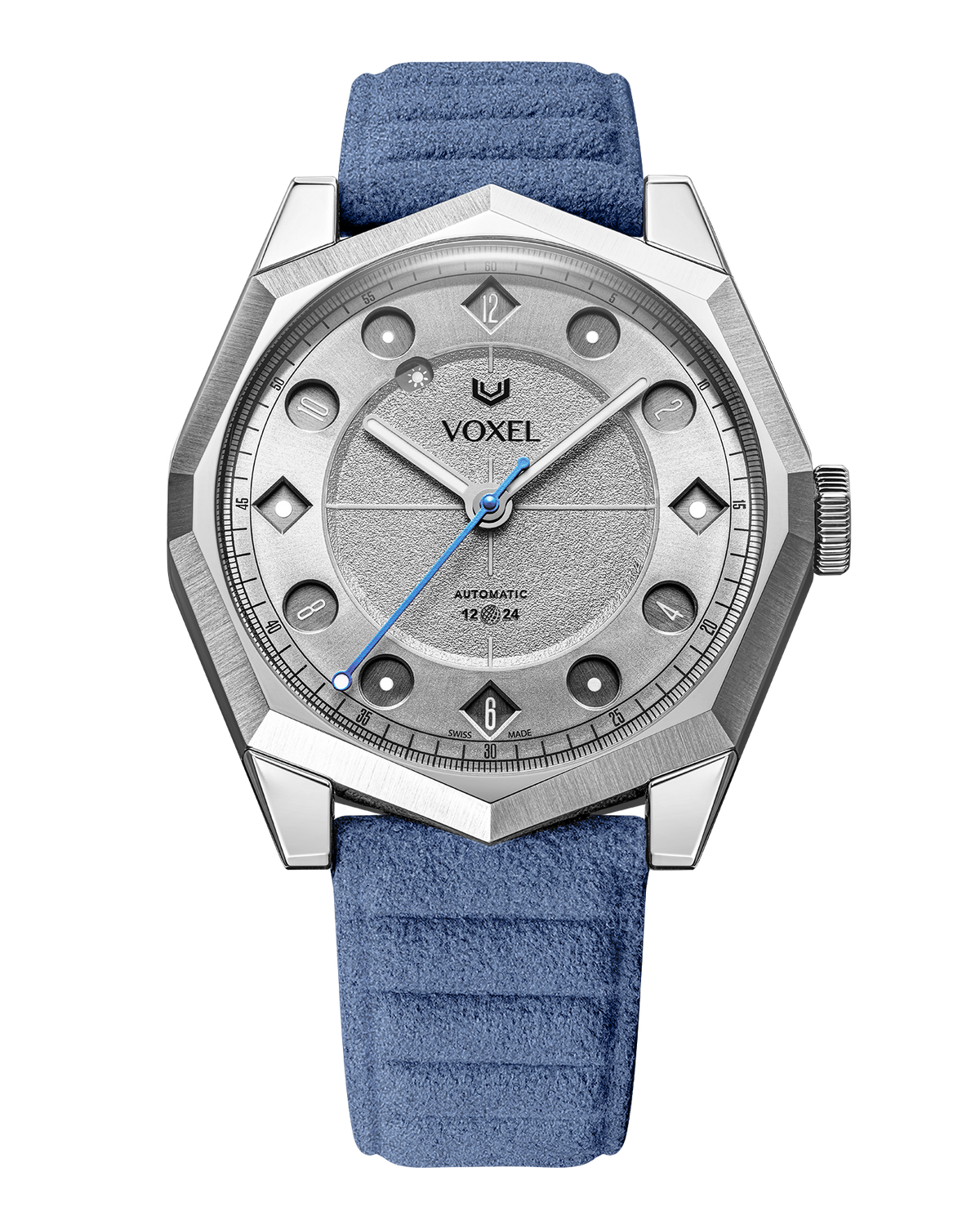 VOXEL Meridion silver star dial with light blue Alcantara strap