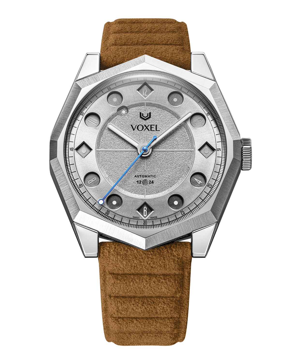 VOXEL Meridion silver star dial, front view with light brown Alcantara strap