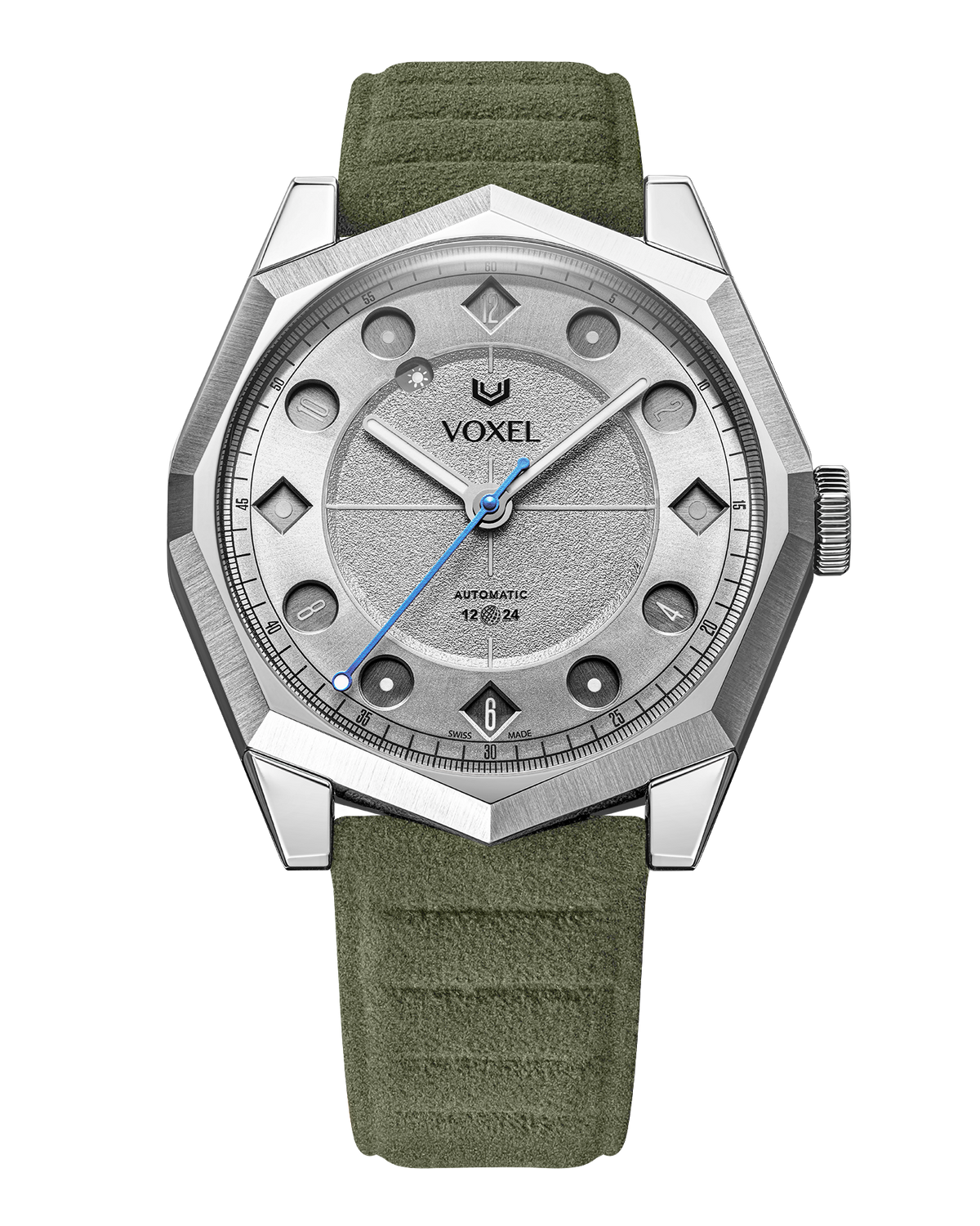 VOXEL Meridion silver star dial with khaki green Alcantara strap