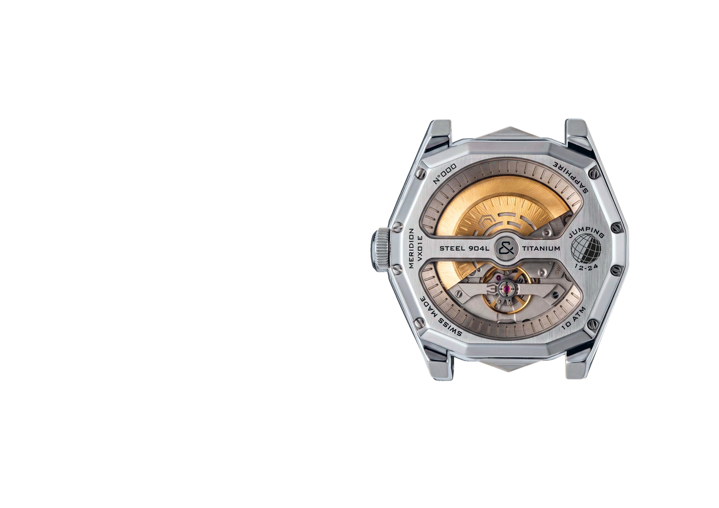 VOXEL MERIDION packshot — isolated render of the titanium caseback architecture