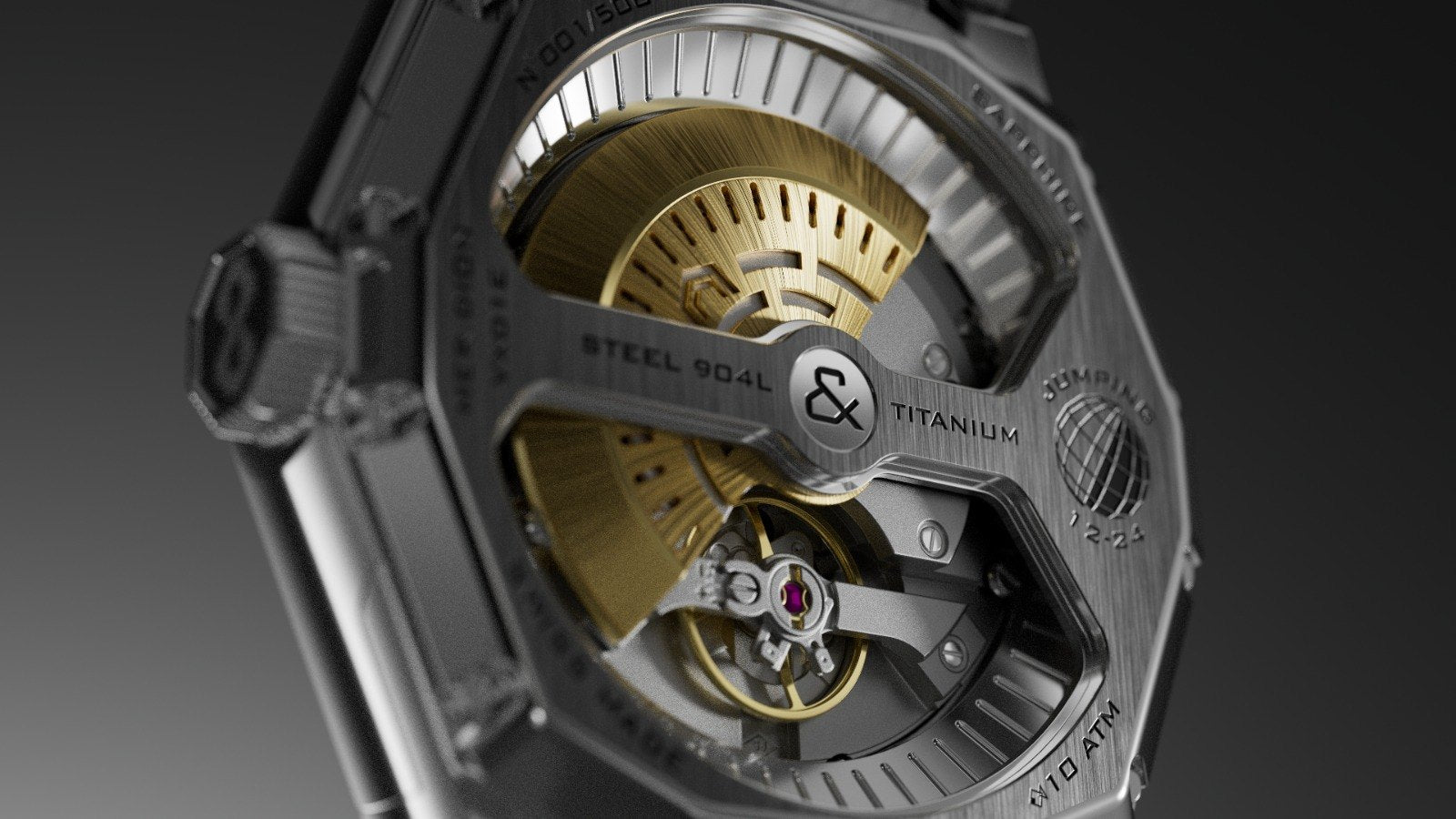 Macro view of the VOXEL MERIDION titanium and sapphire caseback